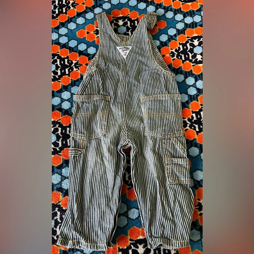 OshKosh B’Gosh Baby Boy Khaki Cargo Denim Stripe Overalls